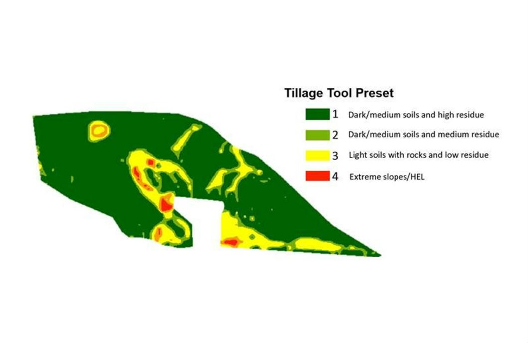 Tillage tool Preset map based on field slope and combine yield data